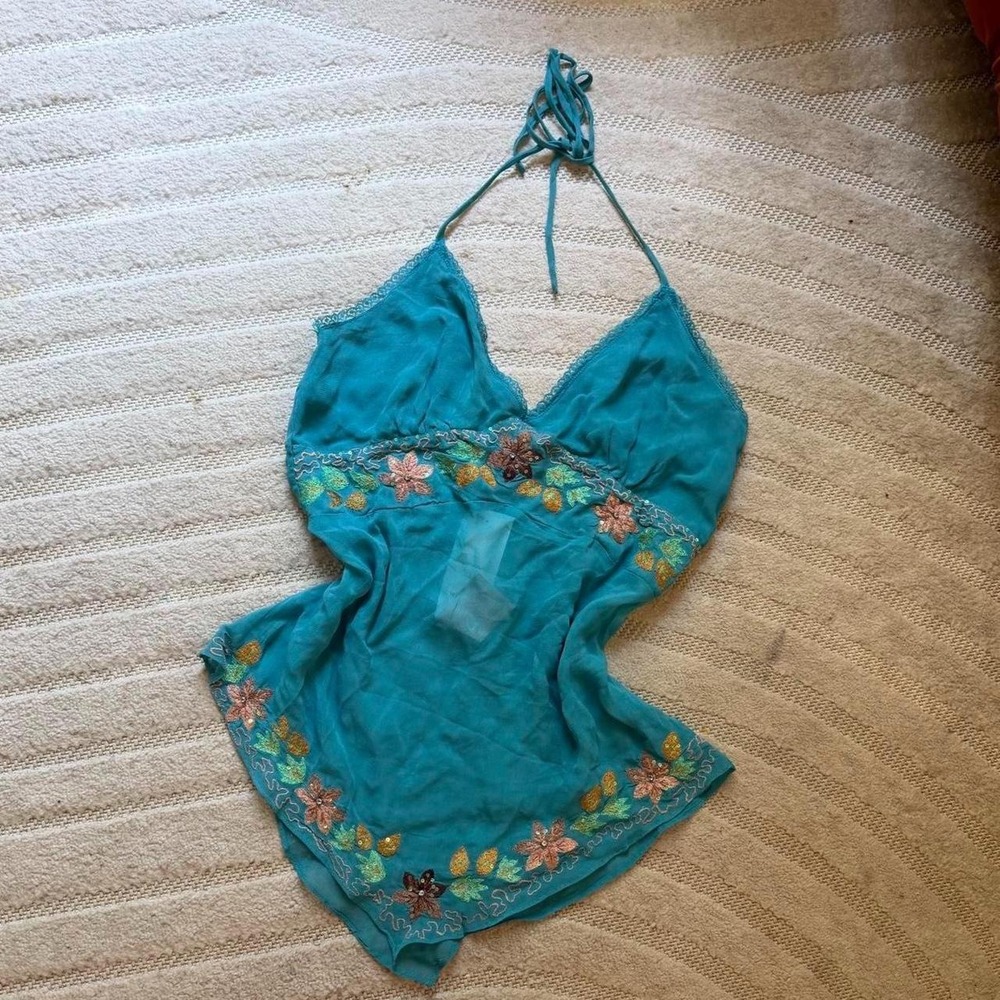 VTG Y2K Nolita teal halter top size L Boho Fairycore Whimsygoth Party Festivals